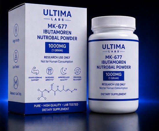 SARMs Powder For Sale - Ultima MK-677 Ibutamoren Nutrobal Powder 1000MG bottle and box at Ultimaa Labs